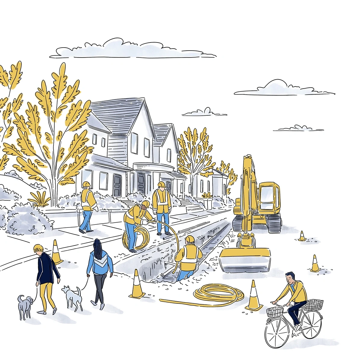 An illustration showing a construction team replacing lead service lines in a neighborhood